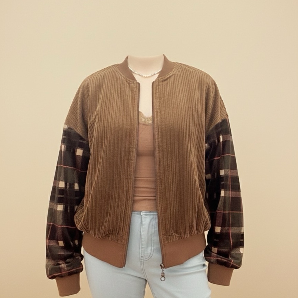 Brown Corduroy Jacket with Plaid Sleeves